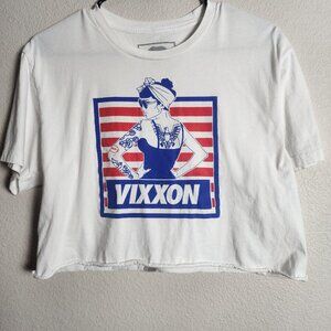 VIXXON Shirt Womens Medium White Cropped Graphic Tattoo Pinup USA Flag Retro